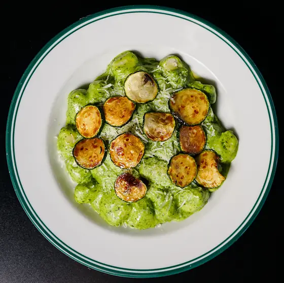 Gnocchi with basil pesto and zucchini, from above